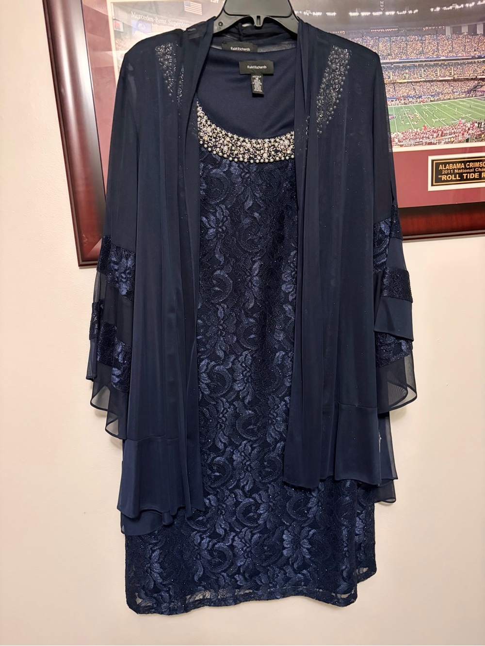 R&M Richards Navy Blue Lace & Chiffon Evening Dress with Beaded Neckline